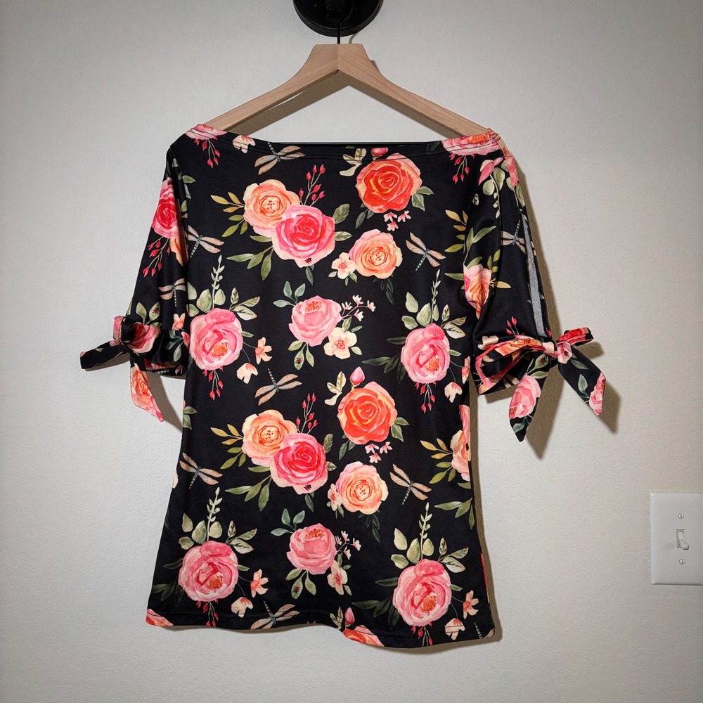 Voodoo Vixen Top Floral Dragonfly XL Stretch Tie Sleeve Black Retro Rockabilly
